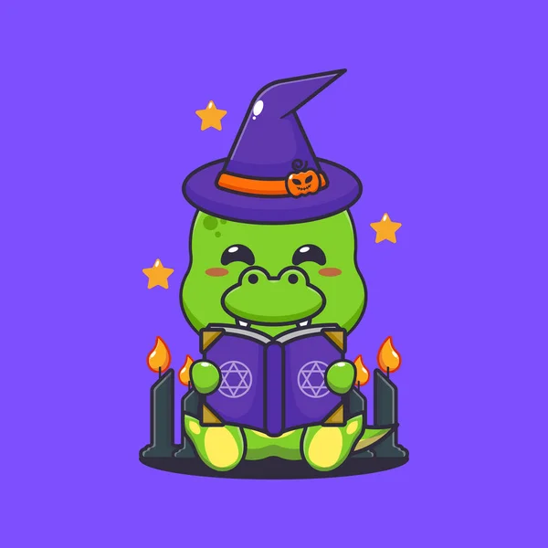 Witch Dino Reading Spell Book Cute Halloween Cartoon Illustration — Stock Vector