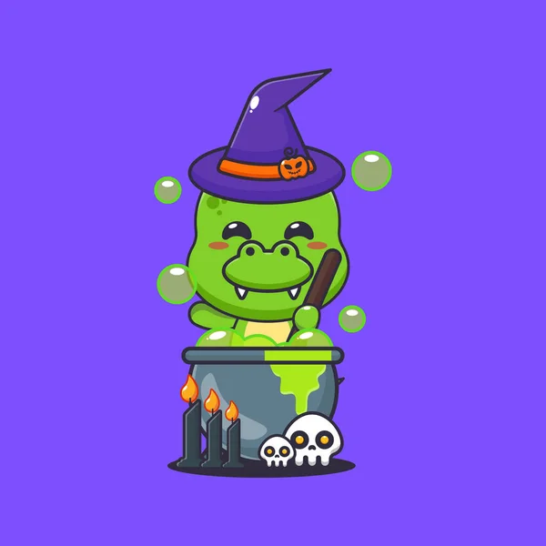 Dino Bruxa Fazer Poção Dia Das Bruxas Bonito Halloween Desenho — Vetor de Stock