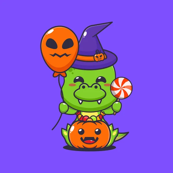 Bruxa Dino Segurando Balão Halloween Doces Bonito Halloween Desenho Animado — Vetor de Stock