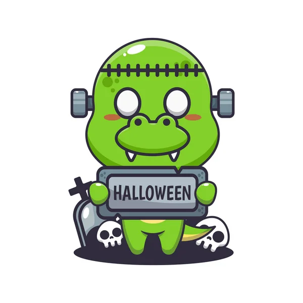 Zombie Dino Tenant Halloween Saluant Pierre Jolie Illustration Dessin Animé — Image vectorielle