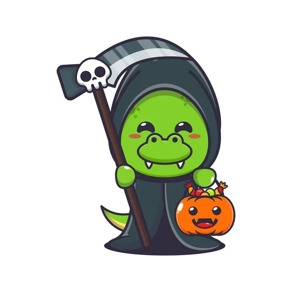 Grim Reaper Dino Sosteniendo Guadaña Calabaza Halloween Linda Ilustración Dibujos — Vector de stock