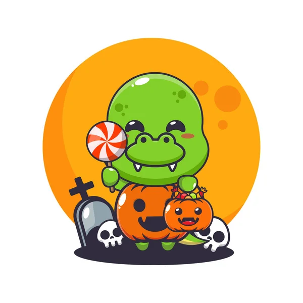 Dino Met Halloween Pompoenkostuum Leuke Halloween Cartoon Illustratie — Stockvector