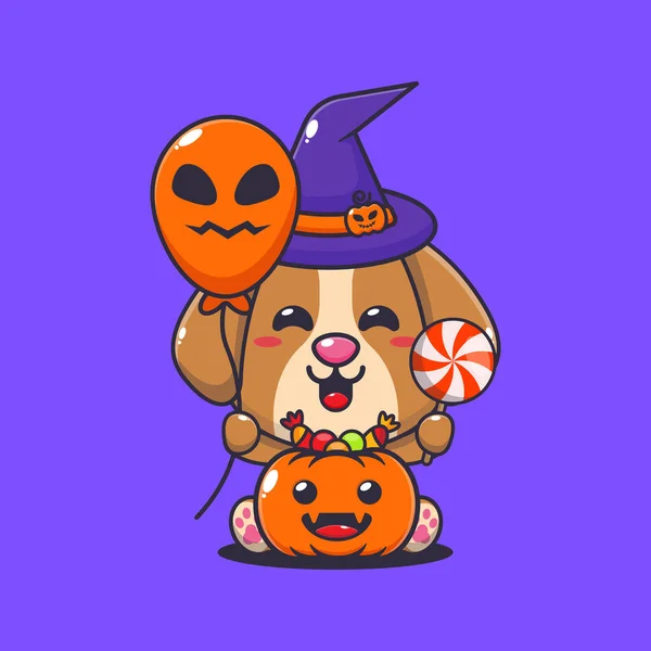 Boszorkány Kutya Halloween Léggömbbel Cukorkával Aranyos Halloween Rajzfilm Illusztráció — Stock Vector