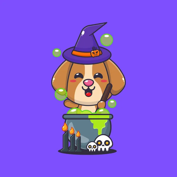 Cão Bruxo Fazer Poção Dia Halloween Bonito Halloween Desenho Animado — Vetor de Stock