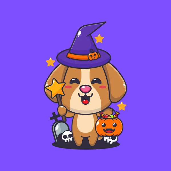 Čarodějnický Pes Halloweenském Dni Roztomilé Halloween Kreslené Ilustrace — Stockový vektor