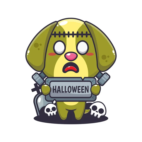 Chien Zombie Tenant Pierre Salutation Halloween Jolie Illustration Dessin Animé — Image vectorielle