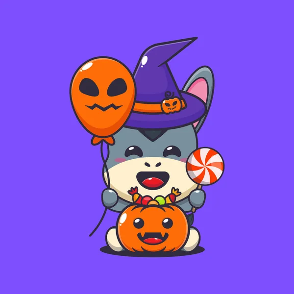 Heksenezel Met Halloween Ballon Snoep Leuke Halloween Cartoon Illustratie — Stockvector