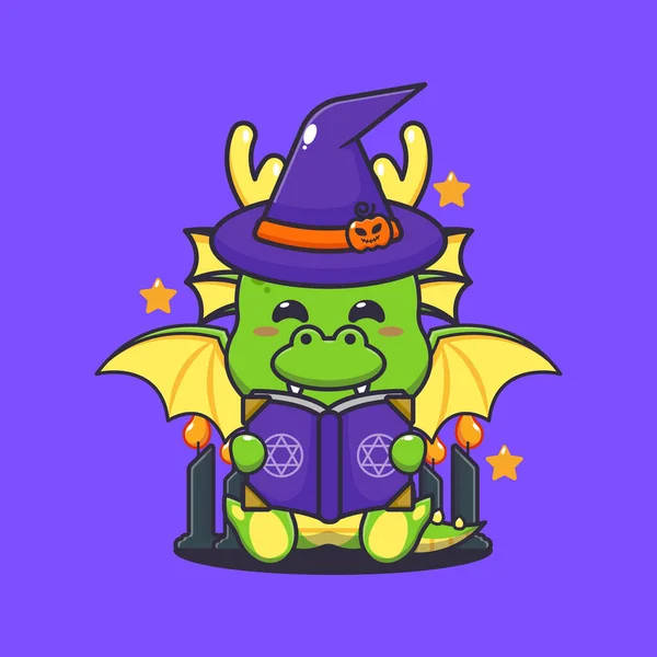 Livro Feitiços Leitura Dragões Bruxos Bonito Halloween Desenho Animado Ilustração — Vetor de Stock
