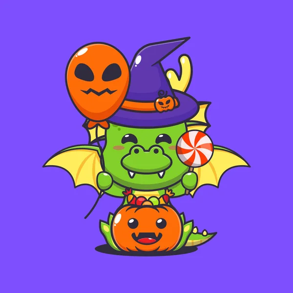 Hexendrache Mit Halloween Luftballon Und Süßigkeiten Niedliche Halloween Karikatur — Stockvektor