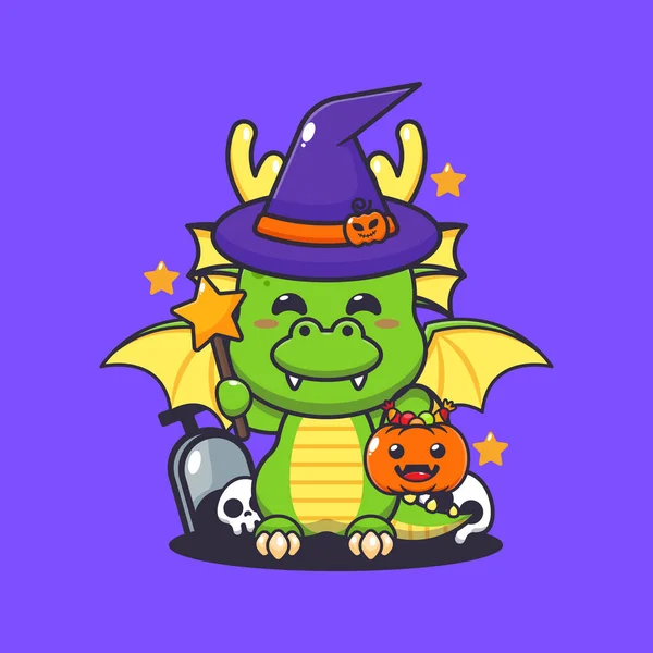 Dragón Brujo Día Halloween Linda Ilustración Dibujos Animados Halloween — Vector de stock