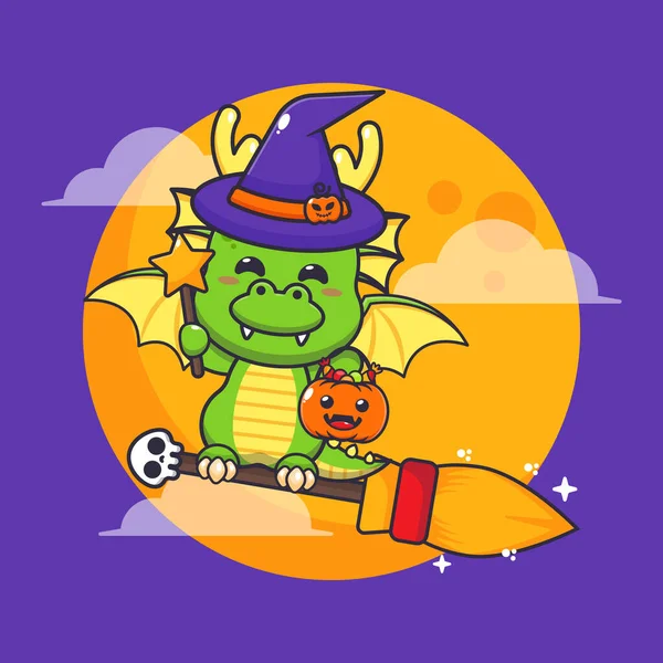 Dragão Bruxo Voa Com Vassoura Noite Halloween Bonito Halloween Desenho — Vetor de Stock