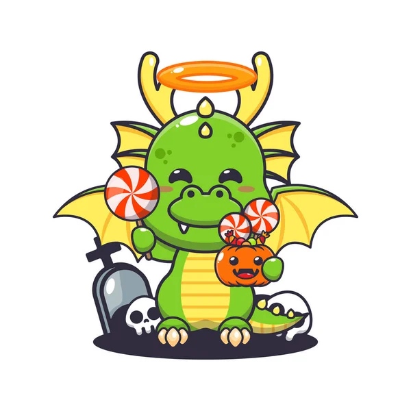 Cute Angel Dragon Gospodarstwa Cukierki Dzień Halloween Cute Ilustracji Kreskówki — Wektor stockowy