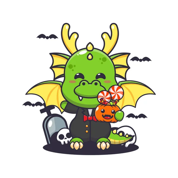 Smok Wampir Trzymający Dynię Halloween Cute Ilustracji Kreskówki Halloween — Wektor stockowy