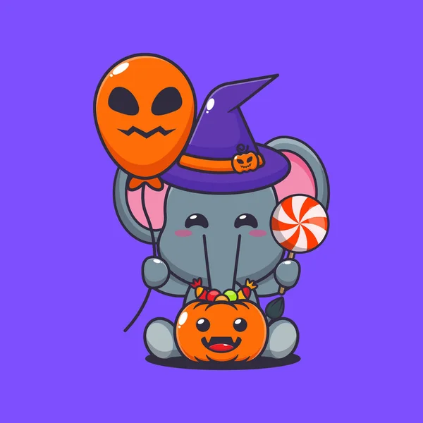 Elefantenhexe Mit Halloween Luftballon Und Süßigkeiten Niedliche Halloween Karikatur — Stockvektor