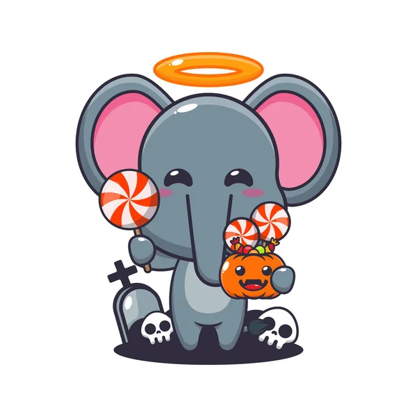 Słodki Anioł Słoń Trzyma Cukierki Dzień Halloween Cute Ilustracji Kreskówki — Wektor stockowy