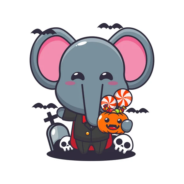 Słoń Wampir Trzymający Dynię Halloween Cute Ilustracji Kreskówki Halloween — Wektor stockowy