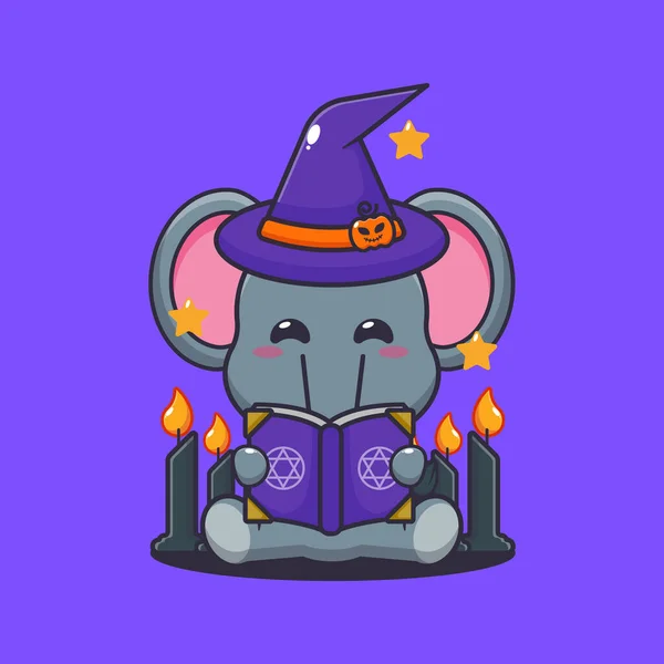 Witch Elephant Reading Spell Book Cute Halloween Cartoon Illustration — Stock Vector