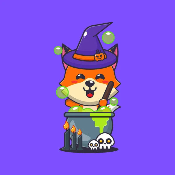 Raposa Bruxa Fazer Poção Dia Halloween Bonito Halloween Desenho Animado — Vetor de Stock