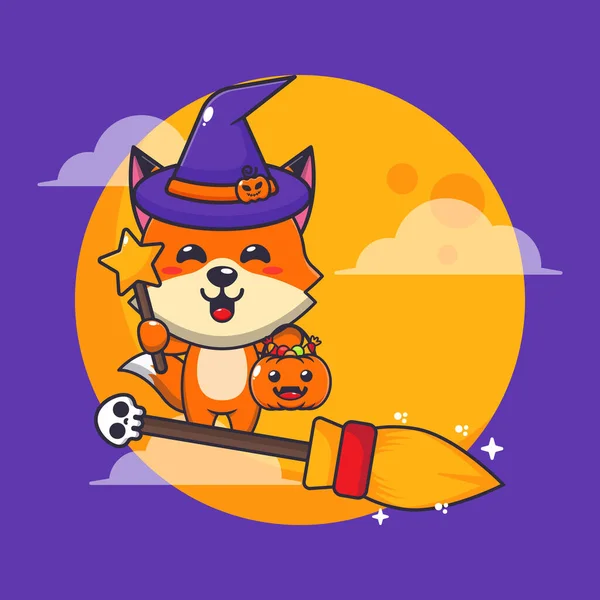 Liška Čarodějnice Létá Koštětem Halloweenské Noci Roztomilé Halloween Kreslené Ilustrace — Stockový vektor