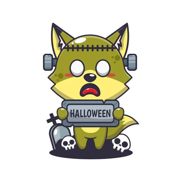 Renard Zombie Tenant Halloween Saluant Pierre Jolie Illustration Dessin Animé — Image vectorielle