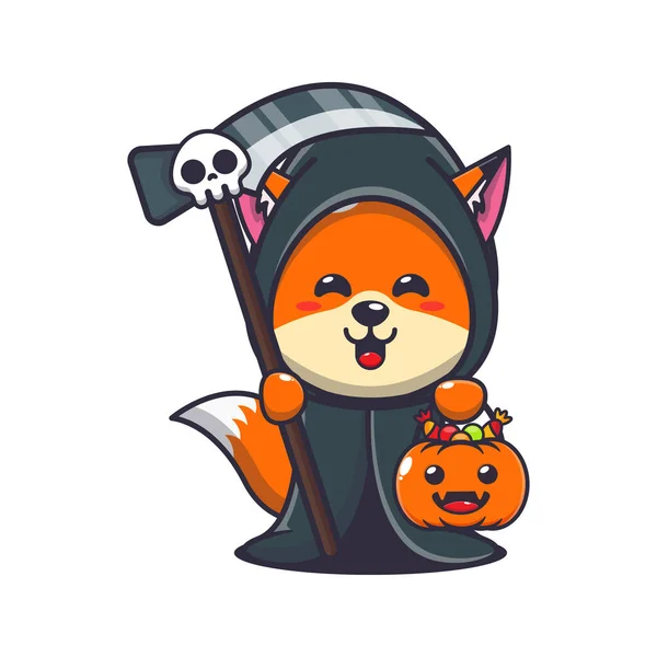Smutná Liška Drží Kosu Halloweenskou Dýni Roztomilé Halloween Kreslené Ilustrace — Stockový vektor