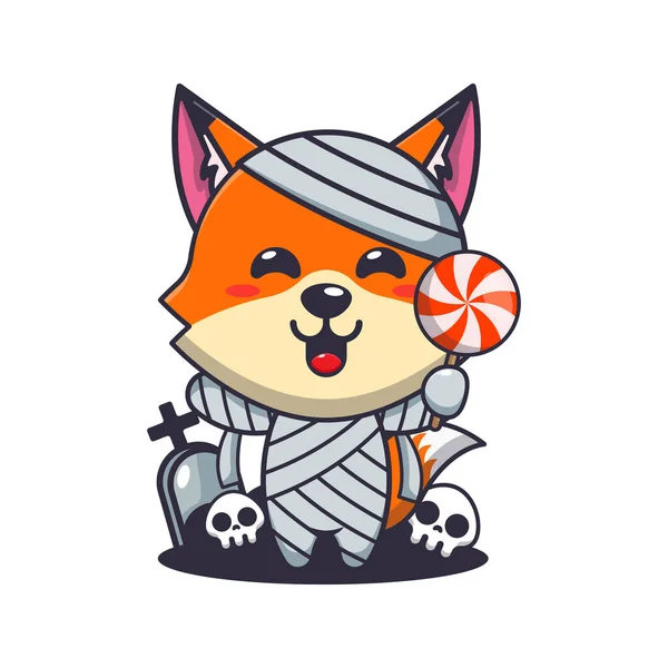 Cadılar Bayramı şekeri tutan anne tilki. Tatlı cadılar bayramı karikatürü çizimi.