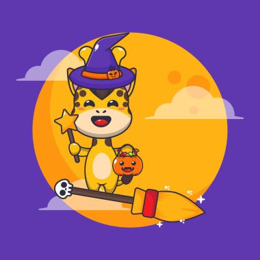 Cadılar bayramında cadı zürafa süpürgeyle uçar. Tatlı cadılar bayramı çizgi filmi çizimi. Poster, broşür, ağ, maskot, çıkartma, logo ve simge için uygun vektör çizgi film.