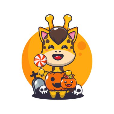 Cadılar Bayramı balkabağı kostümlü zürafa. Tatlı cadılar bayramı çizgi filmi çizimi. Poster, broşür, ağ, maskot, çıkartma, logo ve simge için uygun vektör çizgi film.