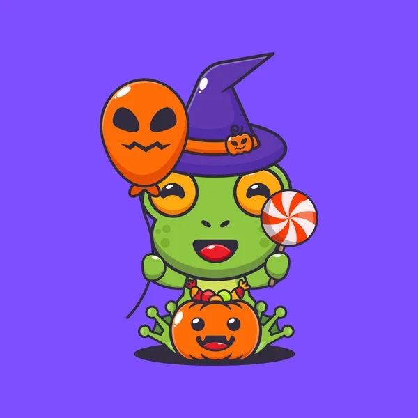 Hexenfrosch Mit Halloween Luftballon Und Süßigkeiten Nette Halloween Cartoon Illustration — Stockvektor