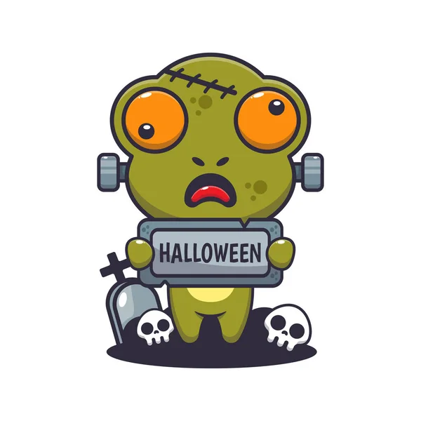 Grenouille Zombie Tenant Halloween Saluant Pierre Jolie Illustration Dessin Animé — Image vectorielle