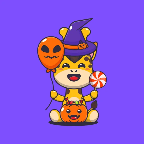 Hexengiraffe Mit Halloween Luftballon Und Süßigkeiten Nette Halloween Cartoon Illustration — Stockvektor