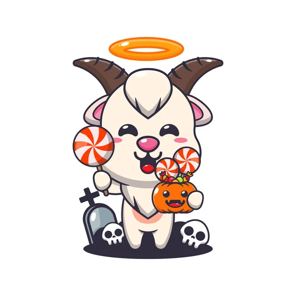 Cute Angel Goat Holding Candy Halloween Day Cute Halloween Cartoon — Stock Vector