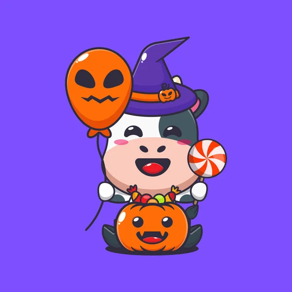 Heksenkoe Met Halloween Ballon Snoep Leuke Halloween Cartoon Illustratie Vector — Stockvector