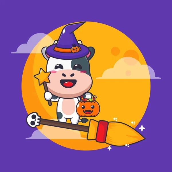 Čarodějnice Létá Koštětem Halloweenské Noci Roztomilá Halloween Kreslená Ilustrace Vektorové — Stockový vektor