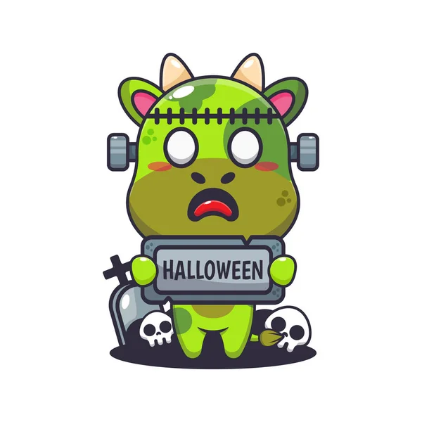 Vache Zombie Tenant Halloween Saluant Pierre Jolie Illustration Dessin Animé — Image vectorielle