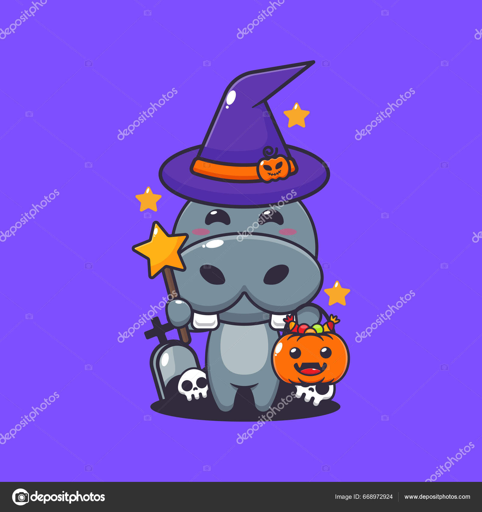 Logotipo de desenho animado de hipopótamo fofo de Halloween