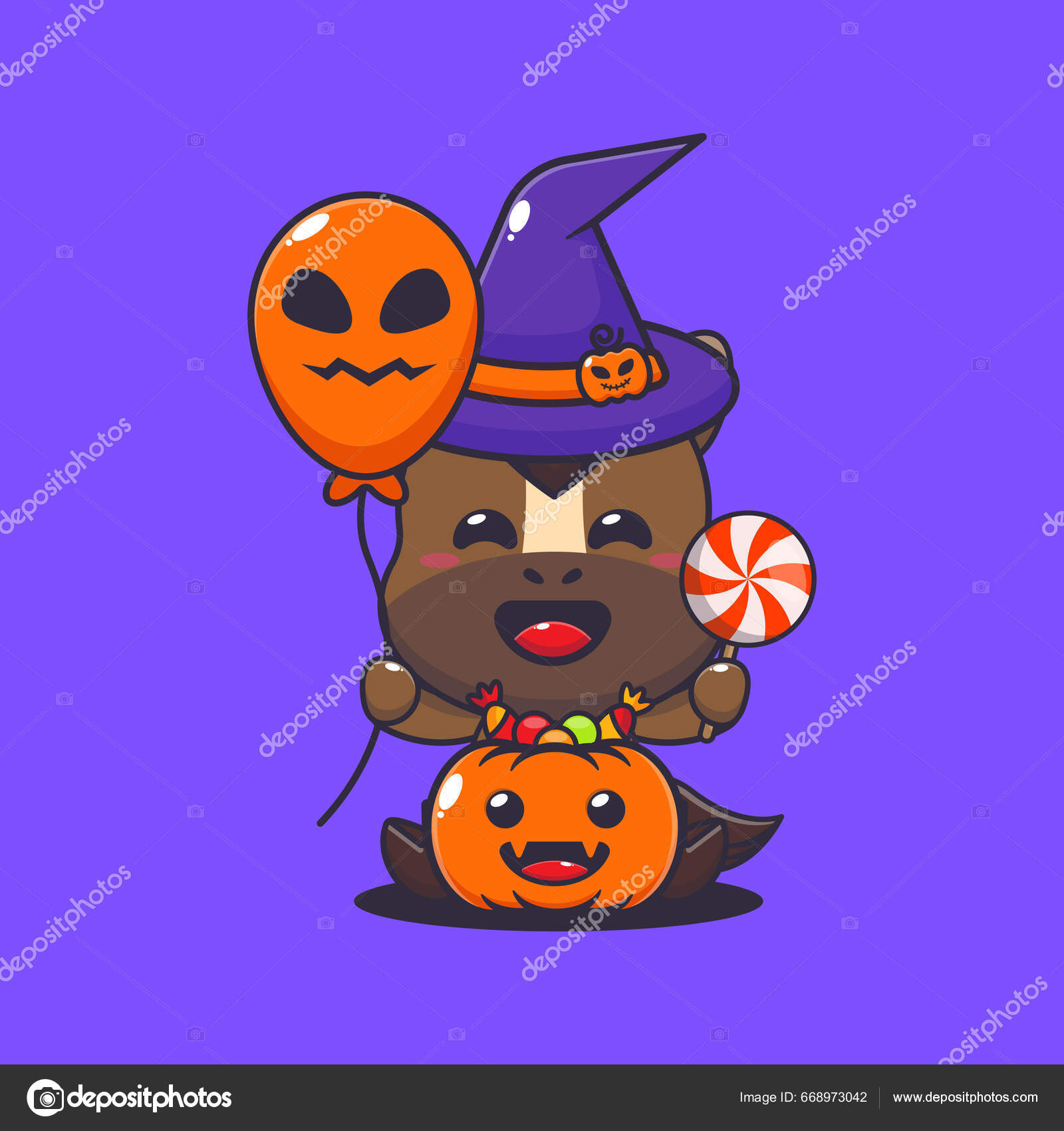ハロウィーンの風船とキャンディを保持する魔女の馬 かわいいハロウィーン漫画イラスト ポスター パンフレット ウェブ マスコット ステッカー  アイコンに適したベクター漫画イラスト ストックベクター ©Artprodite 668973042, image size:1600x1700