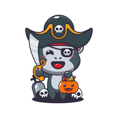 Cadılar Bayramı 'nda korsan goriller. Tatlı cadılar bayramı çizgi filmi çizimi. Poster, broşür, ağ, maskot, çıkartma, logo ve simge için uygun vektör çizgi film.