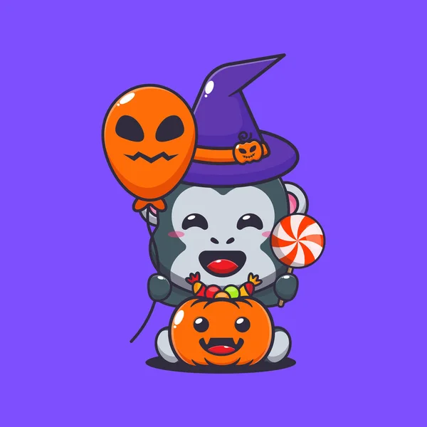 Hexengorilla Mit Halloween Luftballon Und Süßigkeiten Nette Halloween Cartoon Illustration — Stockvektor