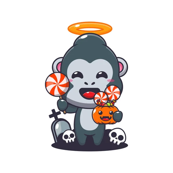 Słodki Anioł Goryl Trzyma Cukierki Dzień Halloween Cute Ilustracji Kreskówki — Wektor stockowy