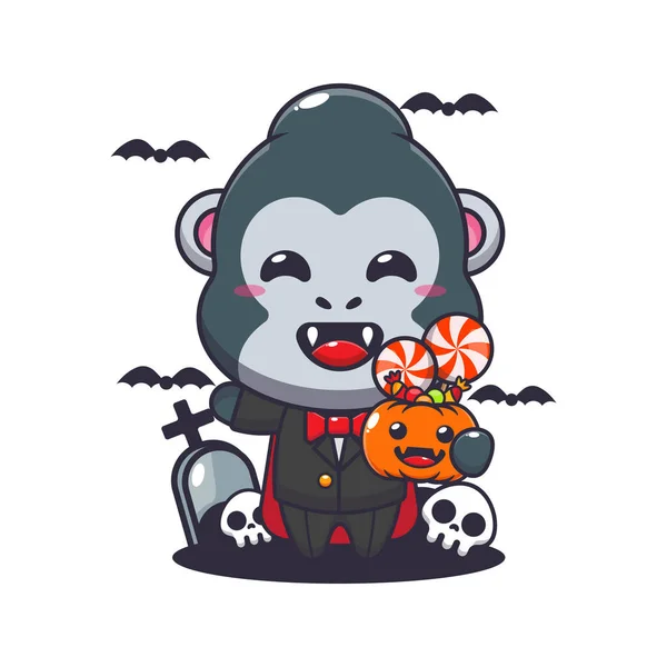 Gorilla Vampiro Con Zucca Halloween Mano Carino Cartone Animato Halloween — Vettoriale Stock