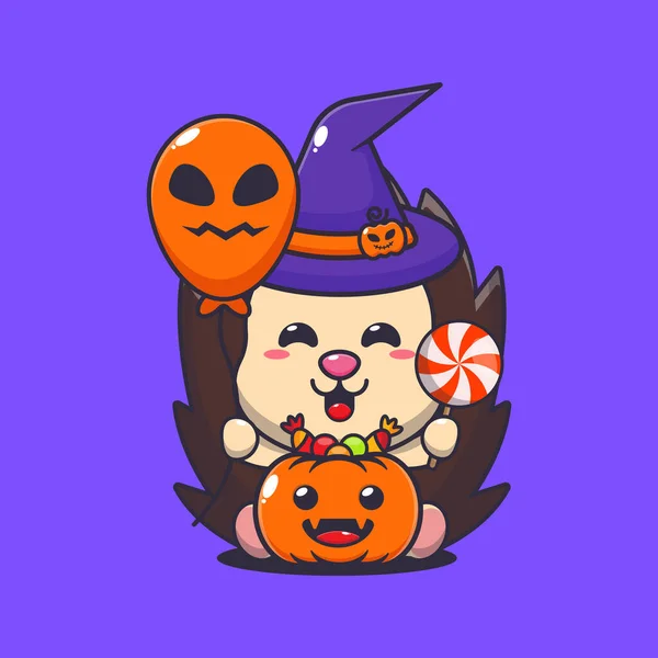 Witch Hedgehog Holding Halloween Balloon Candy Cute Halloween Cartoon Illustration — Stock Vector