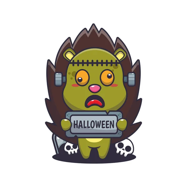 Zombie Hedgehog Holding Halloween Greeting Stone Cute Halloween Cartoon Illustration — Stock Vector