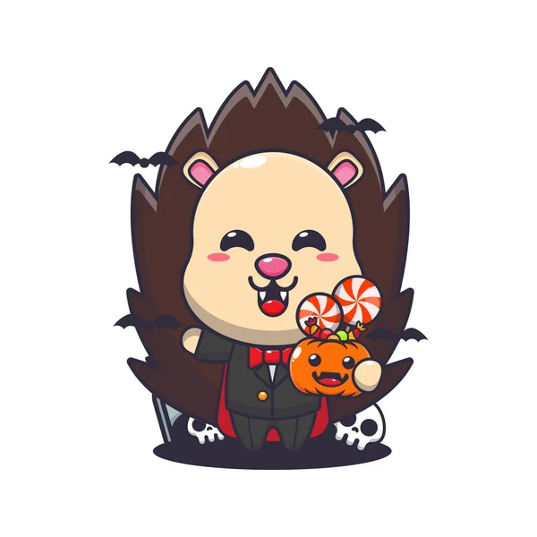 Vampiro Ouriço Segurando Abóbora Halloween Bonito Halloween Desenho Animado Ilustração — Vetor de Stock