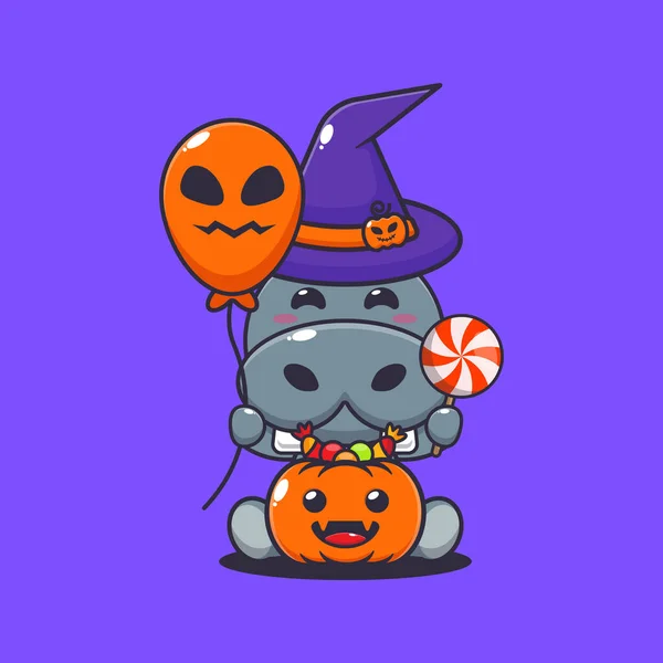 Čaroděj Hroch Drží Halloween Balón Sladkosti Roztomilá Halloween Kreslená Ilustrace — Stockový vektor