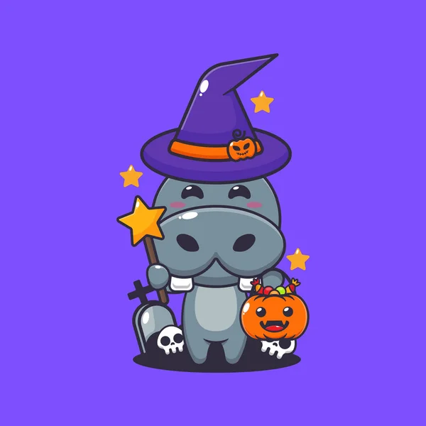 Hipopótamo Bruxa Dia Halloween Bonito Halloween Desenho Animado Ilustração Desenho — Vetor de Stock