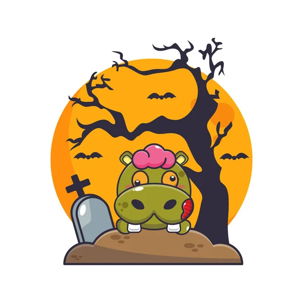 Zombie Hipopotam Powstanie Cmentarza Dzień Halloween Cute Ilustracji Kreskówki Halloween — Wektor stockowy