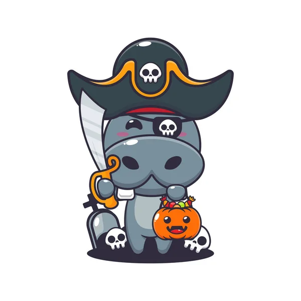 Hipopótamo Pirata Dia Das Bruxas Bonito Halloween Desenho Animado Ilustração — Vetor de Stock