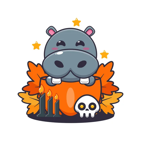 Słodki Hipopotam Halloween Dyni Cute Ilustracji Kreskówki Halloween Ilustracja Wektor — Wektor stockowy