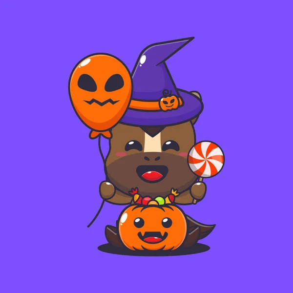 Hexenpferd Mit Halloween Luftballon Und Süßigkeiten Nette Halloween Cartoon Illustration — Stockvektor